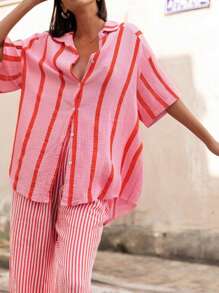 Women Color-Block Striped Loose Blouse Short Sleeve Elegant Cardigan Top, Suitable For Commute, Daily, Valentine's Day, Outing, Spring/Summer