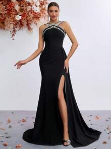 Criss-Cross Rhinestone High Waist Long Flowing Slit Back Lace-Up Ball Gown Evening Dress - Black - View 3