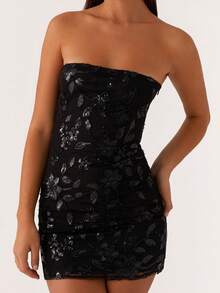 Sequin Beaded Floral Dress Sexy Women Strapless Tube Dress Y2K Off The Shoulder Mini Dress Sparkly Glitter Bodycon Short Dress Bandeau Dress Party Clubwear - 黑色 - 查看 4