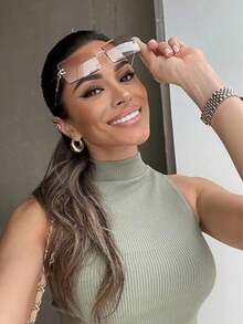 1pc Frameless Rectangle Metal Fashion Glasses, Available In Brown & Black Colors, Fashionable For Daily Life, Outdoor Travel & Beach For Summer Beach Vacation,Outdoor,Travel - Brown - View 6