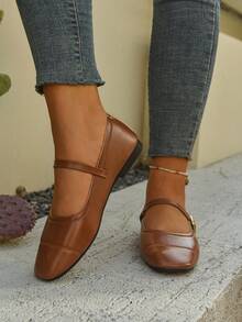 新款女士时尚春秋季系带搭扣玛丽珍平底鞋，方头舒适日常穿着，玛丽珍鞋，芭蕾平底鞋 - 棕色 - 查看 4