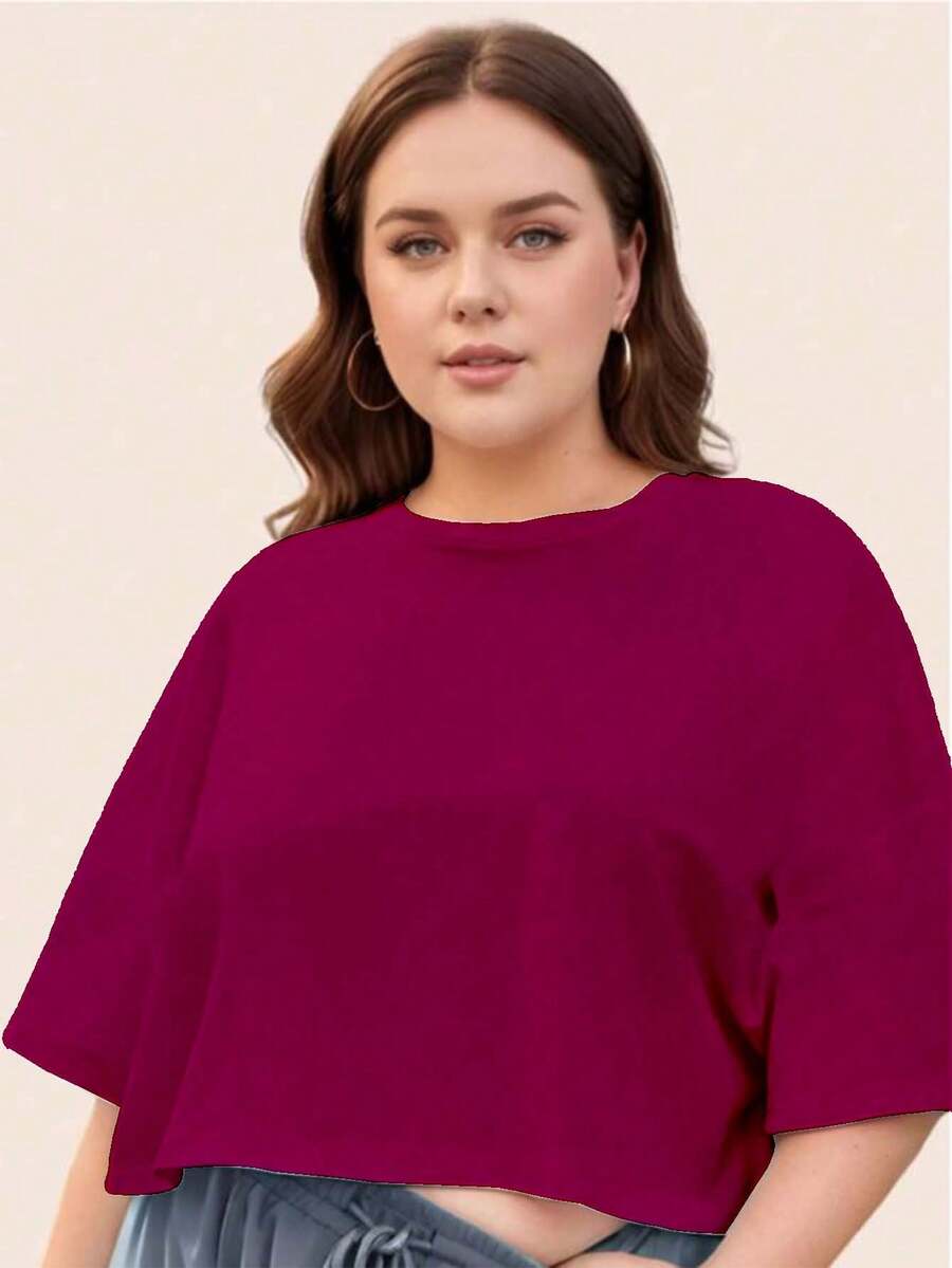 Cropped Feminino Plus Size Plain - 酒紅色 - 查看 1