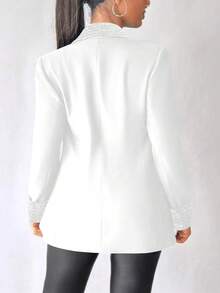 女士优雅亮片披肩领西装外套，纯色涤纶长袖常规版型夹克，四季梭织外套，撞色饰边 - 白色 - 查看 5