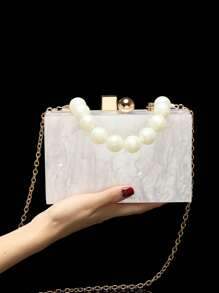 Acrylic Clutch Wallet, Marble Pattern Handbag, Women's Crossbody Bag With Pearl Chain, Formal Wedding/Gala