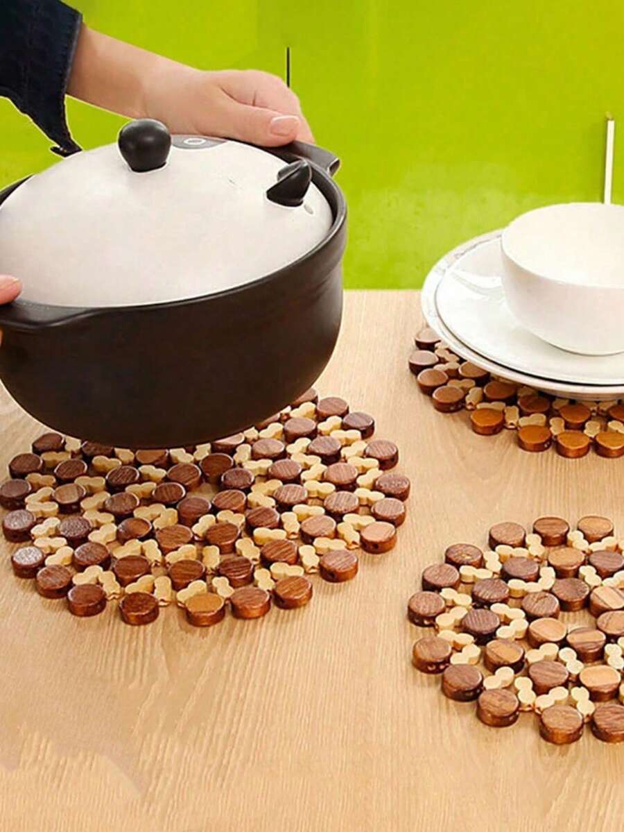 1pc Hollow Out Round Potholder, Boho Bamboo Insulation Pad For Dinner Table, Desk - Multicolor - View 1