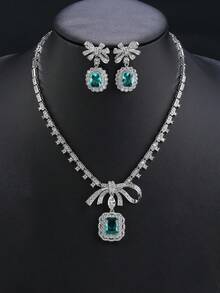 1 Conjunto de 3 piezas de joyería de lujo con diseño de lazo con circonita cúbica, collar y pendientes adecuados para fiesta de noche, accesorio de collar personalizado a juego con vestido de noche, boda, día de San Valentín, regalo para mamá, Día de la Madre