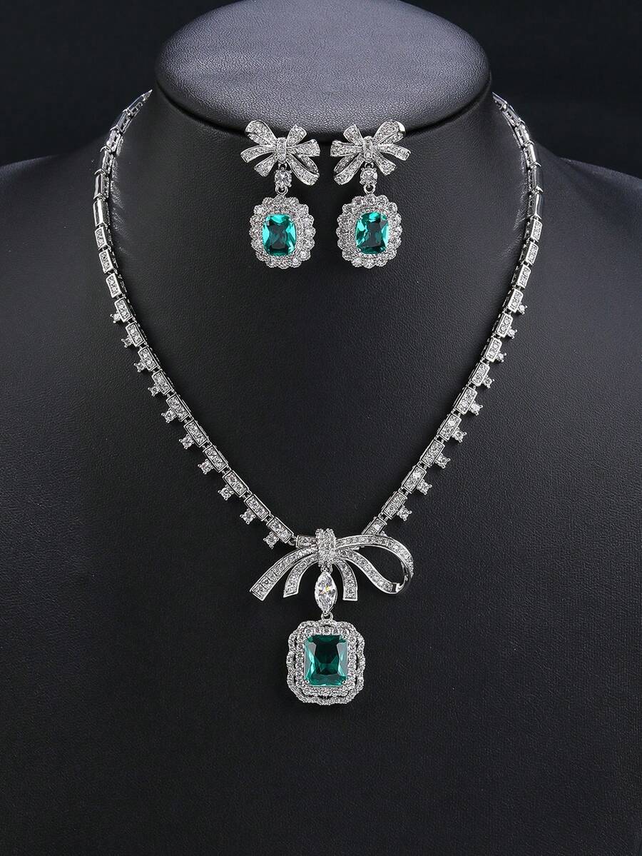 1 Conjunto de 3 piezas de joyería de lujo con diseño de lazo con circonita cúbica, collar y pendientes adecuados para fiesta de noche, accesorio de collar personalizado a juego con vestido de noche, boda, día de San Valentín, regalo para mamá, Día de la Madre