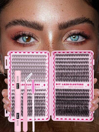 640 pièces Clusters de cils individuels, Kit d'extension de cils Clusters, Kit de cils individuels de 9-16 mm avec colle et scellant pour cils, démaquillant, pincettes, brosse, Kit d'extension de cils DIY à la maison Faux cils