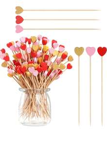 心形竹制鸡尾酒签，（颜色随机）心形牙签，适合开胃菜，粉色可爱迷你竹制木制，适合小吃甜点水果蔬菜三明治奶酪香肠派对装饰