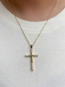 1pc Men Copper Inlaid Cubic Zirconia Cross Pendant Necklace, Versatile Daily Accessory - Yellow Gold - View 2