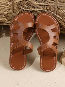 1 Pair Brown Toddler/Kids Plus Size Hollow Slide Sandals, Soft PU Upper, Slip-On, Non-Slip Durable TPR Sole, Solid Color Simple Roman Design, Suitable For 3-15 Year Olds Boys Girls, Beach, Vacation, Casual Wear, 2025 New Arrival - View 6