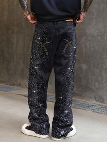 leev Rhinestone Studded Sparkling Glowing Jeans, Washed Denim Fashion Pants, Suitable As Gift For Festivals - Black - View 4