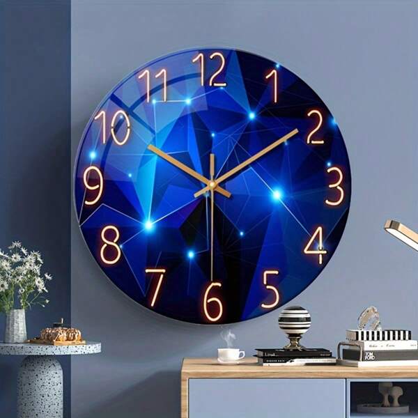 A Dark Blue Dreamy Geometric Clock With Silent Wall Clock, 4mm Thick Tempered Glass, Living Room, Bedroom, Kitchen, Home Decoration, Aesthetic Room, Office, Outdoor Party Wall Art, Holiday Gift 12 Inches/14 Inches/16 Inches (Excluding Battery)