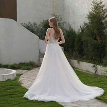 ANGELAG 女士花卉刺绣薄纱设计优雅吊带婚纱