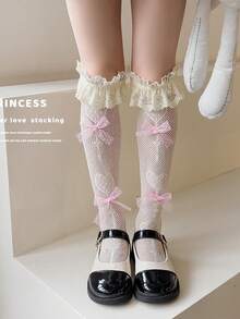 Girls Thin Lace Trim Socks, Solid Color Bowknot Lolita Style Hollow Out Long Socks No Show Ankle Socks, Summer - Multicolor - View 8
