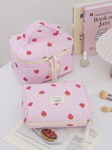 1 Piece Quilted Strawberry Design Travel Cosmetic Bag Multi-Functional Travel Cosmetic Bag Set Large Capacity Cosmetic Pouch,Makeup Bag Makeup Pouch Skincare Bag ,Large Capacity Zipper Bag For Travel ,Makeup Bag Makeup Pouch - Multicolor - View 4