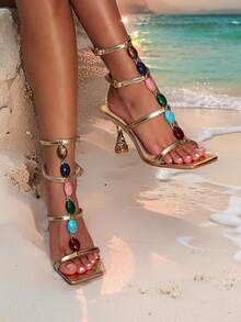 Women's High Heels Sandals Fashion Beaded Ankle Strap Open Toe Party Dress Sexy Sculptural Heels Summer Sandals Woman - 金A - 查看 2