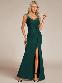 EVERPRETTY 优雅正式礼服，迷人晚礼服，女士V领无袖高开衩腰部褶皱亮片闪亮祖母绿正式礼服，半正式礼服，晚宴，宴会，正式活动