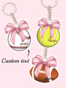 1pc Customized Cute Bow Sports Keychain (Football/Basketball/Volleyball), Upload Your Name, Personalized Keychain Gift For Her/Him, UV Printing Craft