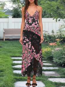 Summer Boho Maxi Dresses For Women Casual Y2k Floral Print Sleeveless Lace Patchwork Backless Ruffles Long Dress Spaghtti Strap Sling Dress Beach Vacation Sundress Streetwear Flowy Swing Dress - màu đen - Xem 3