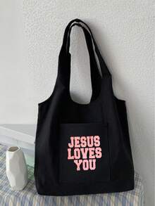 Letter Print Shopping Bag, Multi-Pocket Casual Bag, Vintage Letter Print Tote Bag, Jesus Love You Christian Print Cosmetic Bag, Large Capacity Tote Bag, Casual Hobo Bag Crossbody Bag For Graduates, Teen Girls, Freshmen, Sophomores, Juniors And Seniors (College And High School), Great For Outdoors, Travel And Back To School, Teacher Gift Pencil Case, Birthday Gift For Her Best Friend, School Shoulder Bag - Black - View 6