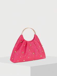 Fashionable Women's S Handbag With Rivet Decor Ruched Straw Bag Woven Purse Summer Top Handle Bag - Hot Pink - View 3