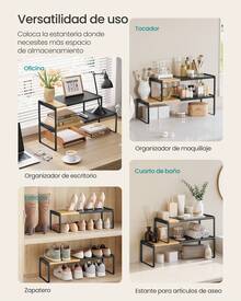 SONGMICS HOME Especiero, Juego de 2, Extensible, Organizador de Cocina, Estante de Cocina, Apilable, Zapatero, Beige Natural y Negro Tinta - Negro - Ver 5