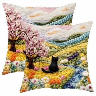 2pcs Cat Animals Floral Velvet Throw Pillow Covers Non-Real Embroidery Cute Funny Yellow Pink Black Cosy Soft Decorative Pillowcases One Sided Printing 45x45cm/18x18in For Living Room Bedroom Sofa Bed Decor Without Pillow Inserts