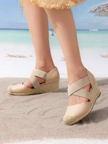 Women's Close Toe Espadrilles Platform Slip On Elastic  Cross Straps Dressy Wedges Sandals Matching Dress - Màu be - Xem 4