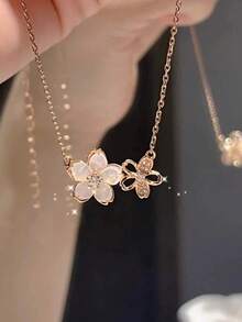 1pc Stainless Steel Cute Mother Of Pearl Sakura Flower Necklace For Women - Rose Gold - View 4