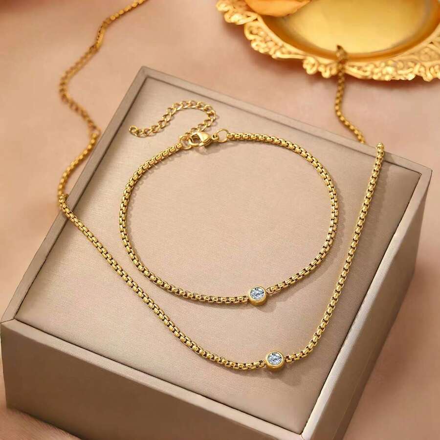 Personalized Minimalist Niche Stainless Steel Gold Plated Single Diamond Bracelet & Necklace Set - Set - View 1