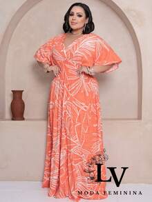 Plus Size Long Dress V Neck Short Sleeve - Orange Estam. - View 1