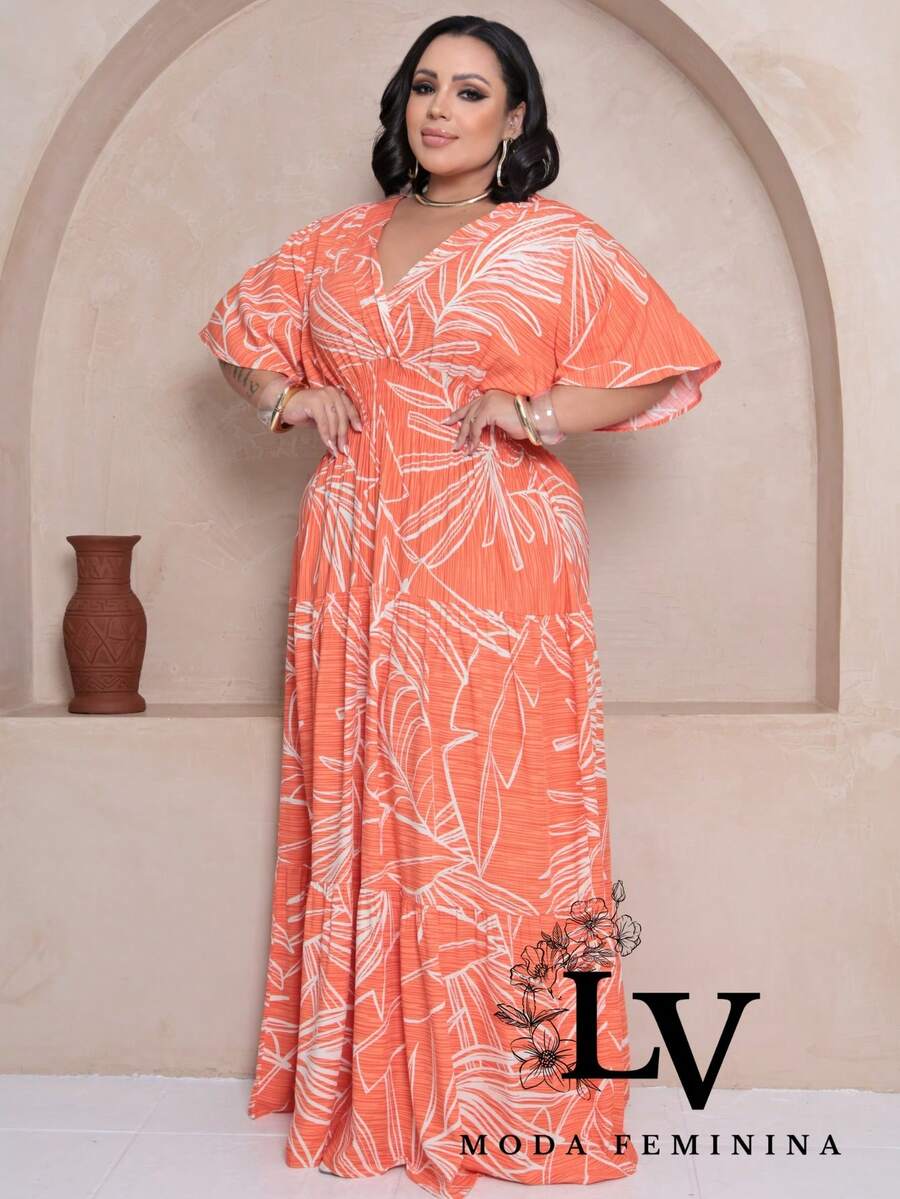 Plus Size Long Dress V Neck Short Sleeve - Orange Estam. - View 1