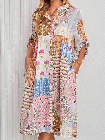 Women's Bohemian Style Patchwork Print Midi Shirt Dress With Pockets And Buttons, Tie Sleeve Loops, Machine Washable, Suitable For Beach Elegant Casual Evening Date And Daily Wear, Spring Summer