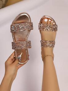 New Crystal Strap Slippers, Casual Open Toe Outdoor Wear Girl Sandals, Soft Sole Vacation Beach Shoes, Shiny Gold Rhinestone Slides - Champagne - View 1