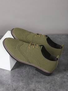 Men's Matte Lightweight Brogue Decorative Round Toe Low Top Lace-Up Low Heel Casual Leather Shoes, Youth Student Everyday Wear, All Season