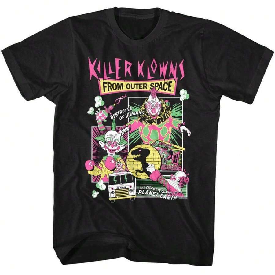 Veenajo Men's "Killer Klowns From Outer Space" Neon Comic Book Style T-Shirt - 100% Cotton, Vibrant Graphic Print, Casual Fit, Machine Washable - Ideal For All Seasons - 黑色 - 查看 1