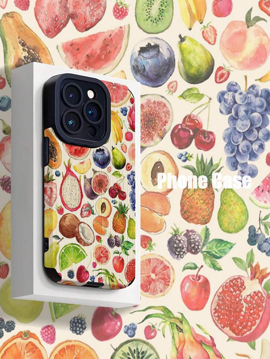 1pc Summer Watercolor Fruit Pattern Vertical Striped Classic Anti-Drop Soft TPU Phone Case Compatible With Apple/ Galaxy S16, S16 Plus, S16 Pro, S16 Pro Max - Multicolor - View 1