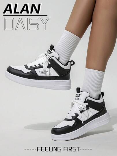 Scarpe casual da donna in stile campus, con lacci, bianco e nero, con design a punta alta, leggere e confortevoli, adatte per uso all'aperto e sportivo