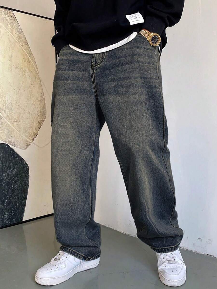 1pc Men's Casual Wide-Leg Straight Loose Washed Denim Long Jeans, Versatile Japanese Style