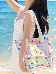 1 pezzo Borsa da spiaggia impermeabile in PVC olografico a pois, borsa a tracolla per viaggi all'aperto con scomparti per cose asciutte e bagnate, adatta per riporre costumi, articoli da toeletta e vestiti