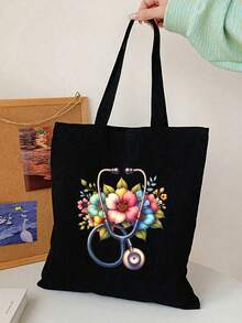 1pc Nurse Stethoscope Pattern Casual Minimalist Shoulder Bag, Tote Bag/Shoulder Bag, Minimalist Bohemian Style Handbag, Gift For Nurses, Teachers, Female Friends, Suitable For Work, Travel, Shopping, Vacation, Best Teacher's Day Gift, Bohemian Style Women's Clothing, Boho - Black - View 9
