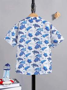 Tween Boy Tropical Beach Holiday , Casual Short Sleeve Blue Turtle & Starfish Print Shirt, Suitable For Outdoor Leisure And Vacation Wear , Travel Essential - Blue - View 2