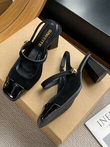 2025年春季新款法式复古黑色玛丽珍高跟鞋，复古方头粗跟露跟鞋，优雅 - 黑色 - 查看 9