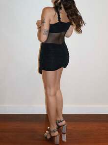 Sequin Tassel Decor Black Mini Dress, Charming Mesh Ruffle Bodycon Party Dress With Criss-Cross Straps, Suitable For Party, New Year's Eve, Valentine's Day, Holiday Gala, #Charming Elegant Dress# Party Look - Black - View 7