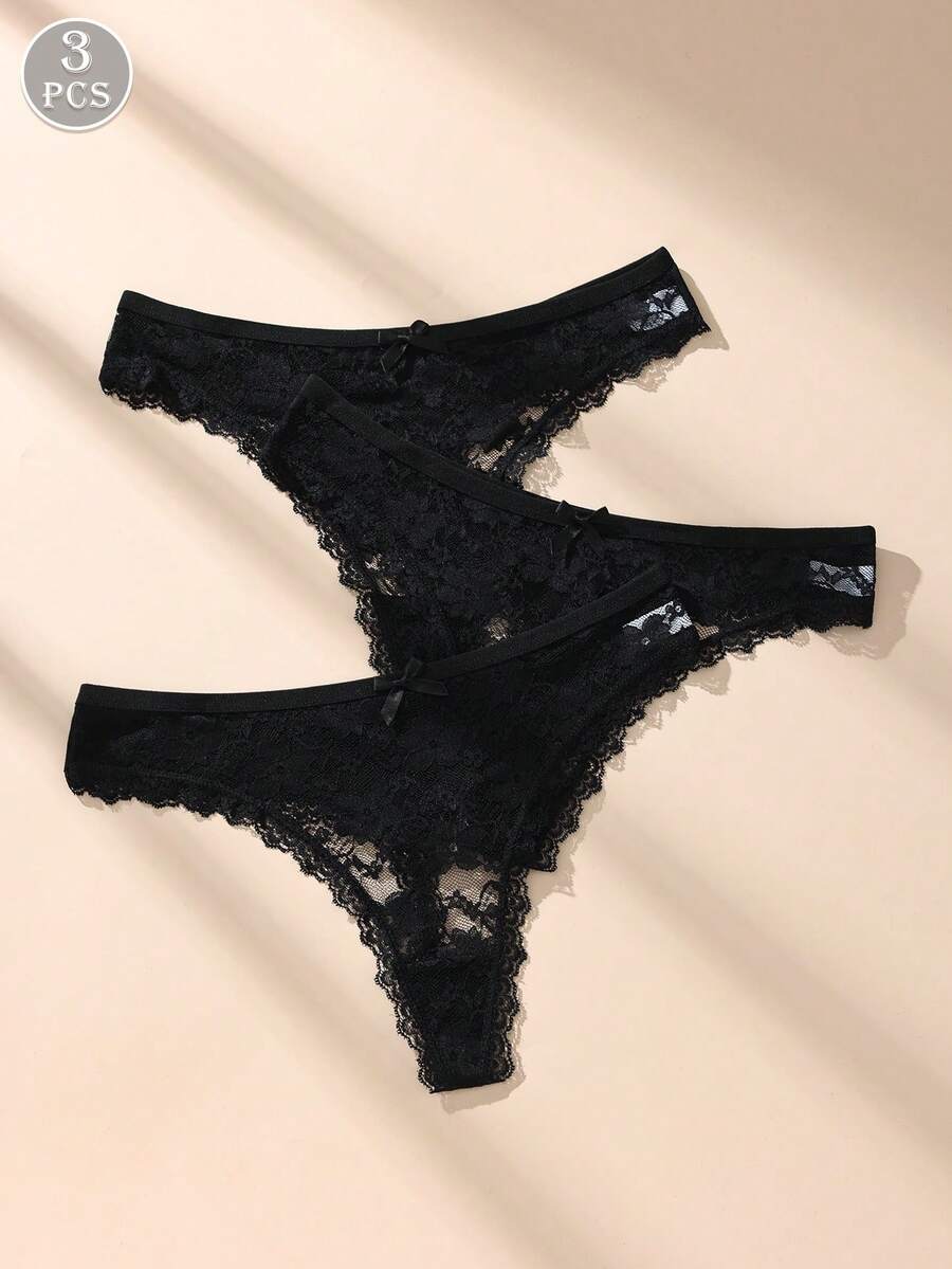 3 件套黑色性感蕾丝拼接女士丁字裤，可爱蝴蝶结柔软舒适透气内衣