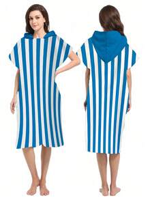 1pc Striped Printed Wearable Hooded Robe - Super Soft Microfiber Cartoon Beach Pattern, Suitable For Boys, Girls, Couples As Beach & Home Decor, Couple Capes | Microfiber Bath Robe - Multicolor - View 3