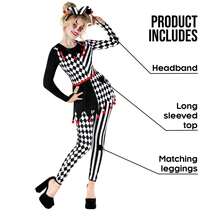 Morph Costumes Scary Women's Jester Costume - Fun Fancy Dress For Halloween Parties, Clown Harlequin Outfit With Jazzy Print & Pompoms - White - View 3