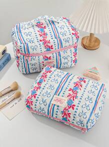 1PC Blue Striped Flower Makeup Bag, Quilted Portable Toilet Bag, Makeup Bag, Large Capacity Storage Bag, Suitable For Wallet, Lipstick, Sanitary Napkins, Pads, Coins, Keys, Earphones, Earphones And Accessories, Travel Storage Bag, Earrings, Bracelets, Necklace, Glasses, Sunglasses, Suitable For Women, Girls, Teenagers, Candy, Nurses, Female Students, Students, Gifts. Cosmetic Bag