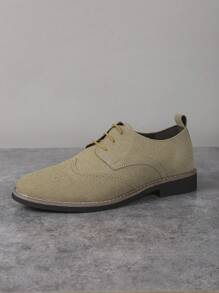 Men's Casual Matte Leather Brogue Round Toe Lace-Up Low Heel Flats, Lightweight, Suitable For Youth, Students And Daily Wear All Season